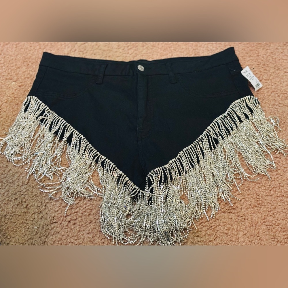 AKIRA Black and Silver Jean Shorts with Fringe